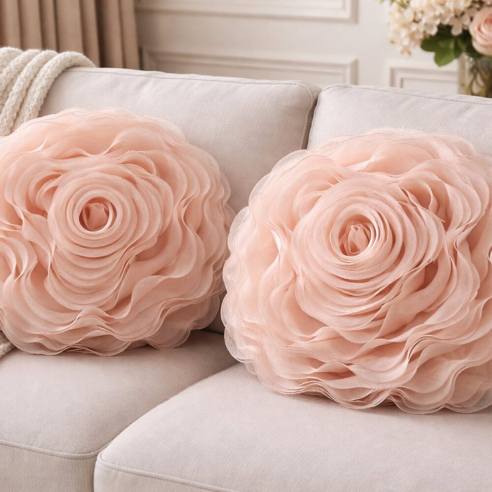 Set of 2 Pink 3D Rose Chiffon 16" Round Throw Pillows with Inserts